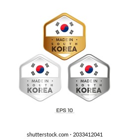 Made in South Korea Label, Stamp, Badge, or Logo. With The National Flag of South Korea. On platinum, gold, and silver colors. Premium and Luxury Emblem