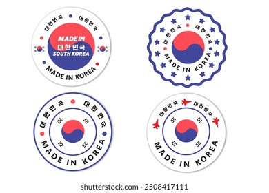 Made in south korea label stamp text label, with korean Hangeul translation of Korean text : 'Republic of Korea'. for product manufactured, military fighter, agriculture or food by Korea company seal