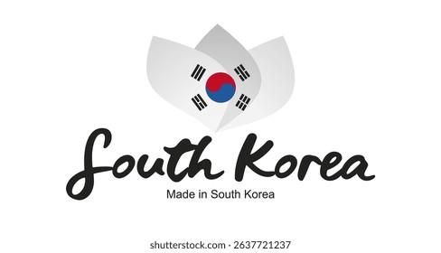 Made in South Korea logo, sticker. Abstract South Korea flag and ribbon in shape of leaf flower with handwritten typography lettering