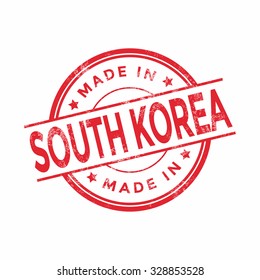 Made in South Korea red vector graphic. Round rubber stamp isolated on white background. With vintage texture.