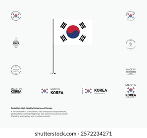 Made in South Korea Stamps, Flag, Tags, labels, Seals, Icons. Creative Designs for Branding and Packaging