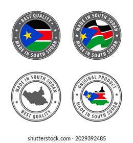 Made in South Sudan - set of labels, stamps, badges, with the South Sudan map and flag. Best quality. Original product. Vector illustration