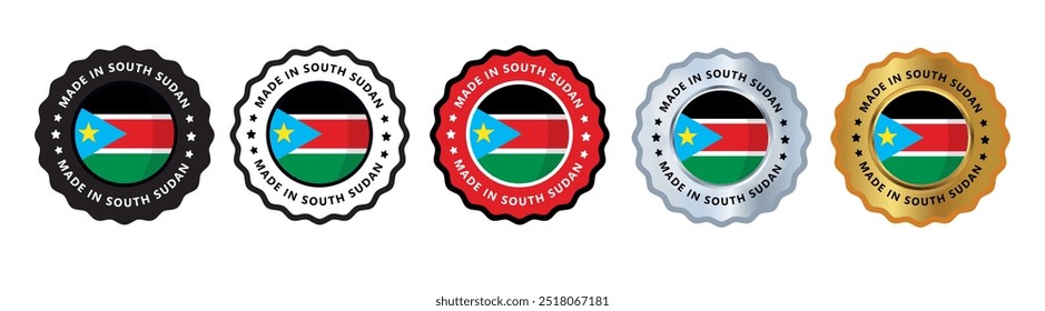 Made in south sudan set of sign stamp badge, with varian color green red, silver, gold, black suitable for products manufactured, military, agriculture or food vector illustration eps editable text