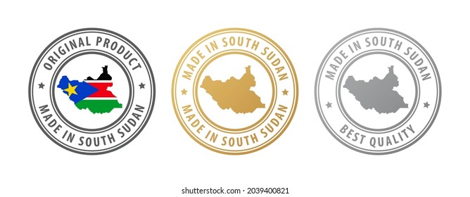 Made in South Sudan - set of stamps with map and flag. Best quality. Original product. Vector illustration