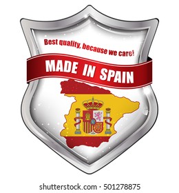 Made in Spain, Best quality because we care -  business commerce shiny icon with the Spanish flag and map on the background. Suitable for retail industry.