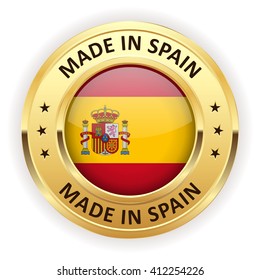 Made in spain button with gold border on white background