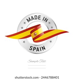 Made in Spain. Spain flag ribbon with circle silver ring seal stamp icon. Spain sign label vector isolated on white background