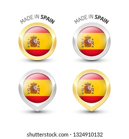 Made in Spain - Guarantee label with the Spanish flag inside round gold and silver icons.