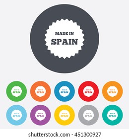 Made in Spain icon. Export production symbol. Product created sign. Round colourful 11 buttons. Vector