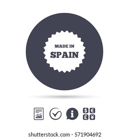 Made in Spain icon. Export production symbol. Product created sign. Report document, information and check tick icons. Currency exchange. Vector