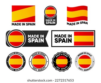 Made in Spain label collection. Set of flat isolated stamp made in Spain. 100 percent quality. Quality assurance concept. Vector illustration.