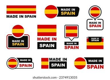 Made in Spain labeling set. Collection of label made in Spain. Spain product emblem. Vector illustration.