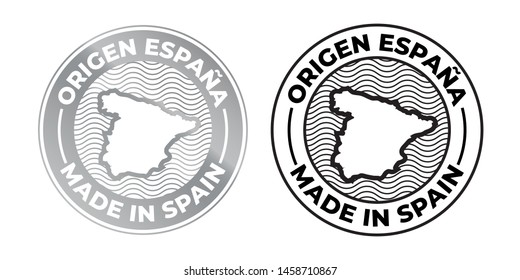 Made in Spain logo, product label map stamp. Vector Spanish made 100 percent premium quality production package icon