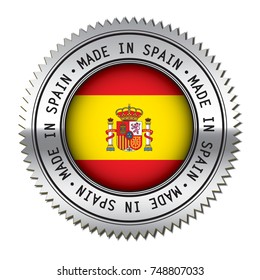 Made in Spain metal silver stamp with the flag symbol of Spanish flag in the center. Vector illustration isolated on white background.