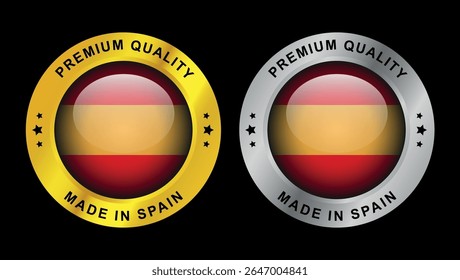 Made in Spain premium quality badges with circular gold and silver metallic design and national flag in center	
