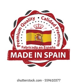 Made in Spain, Premium Quality (Text in Spanish language: Fabricado en Espana, Calidad Premium) Grunge label / sticker  - Made in Spain, with Spanish national flag colors and map. CMYK colors used.