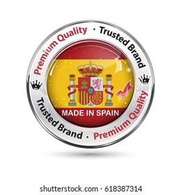 Made in Spain; Premium Quality, trusted brand - business commerce shiny icon with the Spanish flag on the background. Suitable for retail industry.