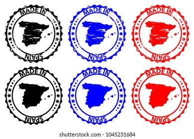 Made in Spain - rubber stamp - vector, Spain map pattern - black, blue and red
