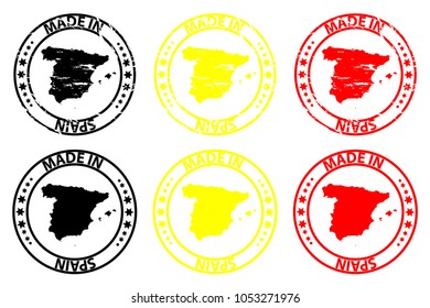 Made in Spain - rubber stamp - vector, Spain map pattern - black, yellow and red