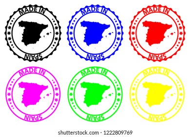 Made in Spain - rubber stamp - vector, Spain map pattern - black, blue, green, yellow, purple and red