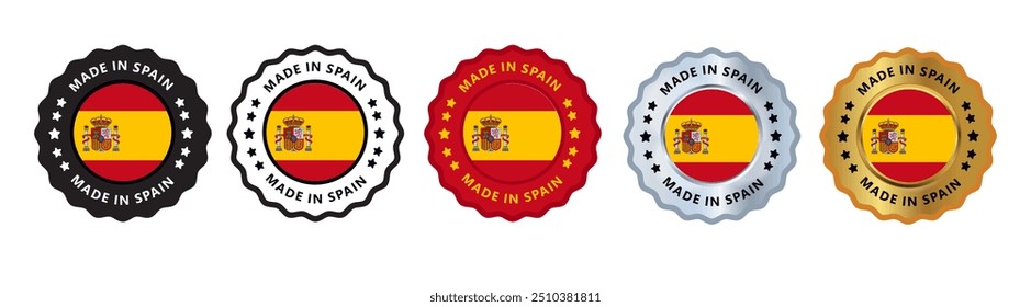 Feito na espanha conjunto de selo de selo de sinal, com variante de cor azul, prata, ouro, preto adequado para produtos fabricados, militar, agricultura ou ilustração de vetor alimentar eps texto editável