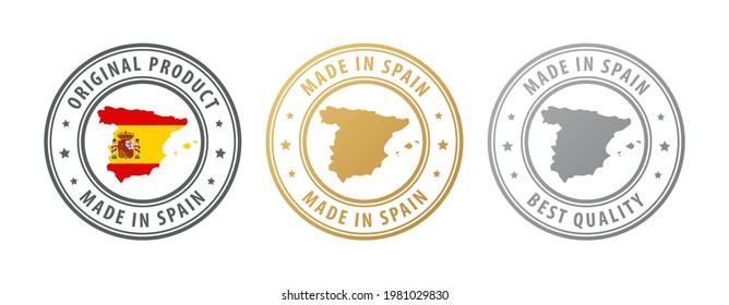 Made in Spain - set of stamps with map and flag. Best quality. Original product. Vector illustration