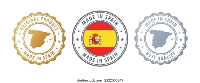 Made in Spain - set of stamps with map and flag. Best quality. Original product. Vector illustration