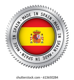 Made in Spain silver badge with the flag symbol of Spanish flag in the center. Vector illustration isolated on white background.