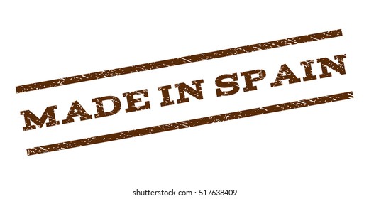 Made In Spain watermark stamp. Text caption between parallel lines with grunge design style. Rubber seal stamp with dust texture. Vector brown color ink imprint on a white background.