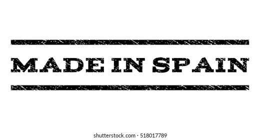 Made In Spain watermark stamp. Text caption between horizontal parallel lines with grunge design style. Rubber seal stamp with scratched texture. Vector black color ink imprint on a white background.