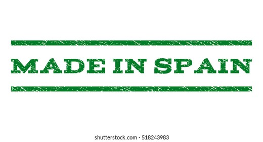 Made In Spain watermark stamp. Text caption between horizontal parallel lines with grunge design style. Rubber seal stamp with unclean texture. Vector green color ink imprint on a white background.