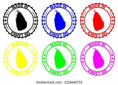 Made in Sri Lanka - rubber stamp - vector, Sri Lanka map pattern - black, blue, green, yellow, purple and red