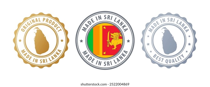 Made in Sri Lanka - set of stamps with map and flag. Best quality. Original product. Vector illustration