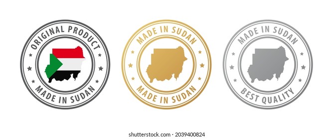 Made in Sudan - set of stamps with map and flag. Best quality. Original product. Vector illustration