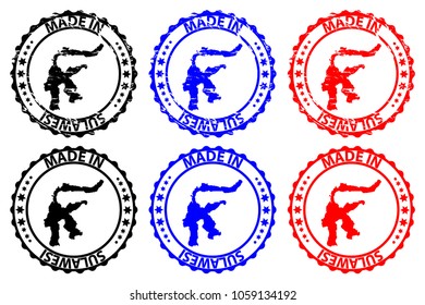 Made in Sulawesi - rubber stamp - vector, Sulawesi map pattern - black, blue and red