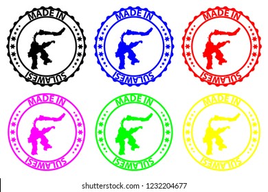 Made in Sulawesi - rubber stamp - vector, Sulawesi map pattern - black, blue, green, yellow, purple and red