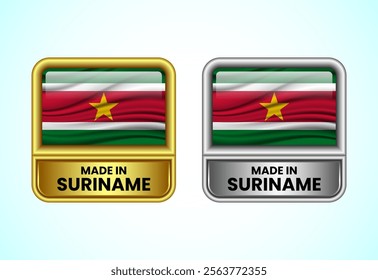 Made in Suriname label icon in gold and silver color. Flag icon set for business