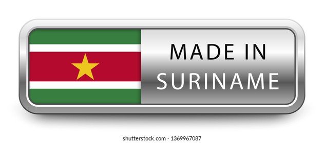 MADE IN SURINAME metallic badge with national flag isolated on white background