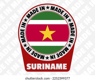 Made in Suriname vector badge, simple isolated icon with country flag, Suriname origin marking stamp sign design, rounded made in text