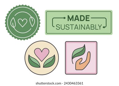 Made sustainably icon and badge set. Eco friendly, environmentally sustainable, vector graphic logos and labels.