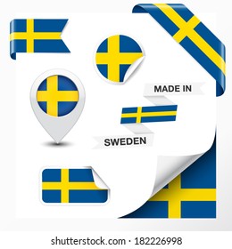 Made in Sweden collection of ribbon, label, stickers, pointer, badge, icon and page curl with Swedish flag symbol on design element. Vector EPS 10 illustration isolated on white background.