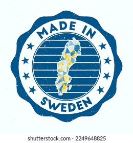 Made in Sweden. Country round stamp. Seal of Sweden with border shape. Vintage badge with circular text and stars. Vector illustration.