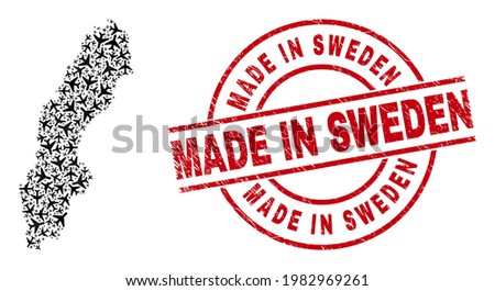 Made in Sweden distress stamp, and Sweden map mosaic of airplane items. Mosaic Sweden map designed using aviation items. Red stamp with Made in Sweden text, and distress rubber texture.