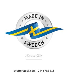 Made in Sweden. Sweden flag ribbon with circle silver ring seal stamp icon. Sweden sign label vector isolated on white background