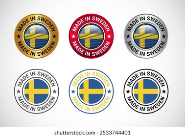 Hecho en Suecia icono de etiqueta con bandera. Conjunto de iconos para negocios, insignia, sello, pegatina, logotipo y símbolo