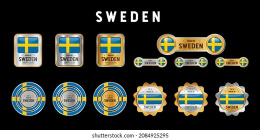 Made in Sweden Label, Stamp, Badge, or Logo. With The National Flag of Sweden. On platinum, gold, and silver colors. Premium and Luxury Emblem