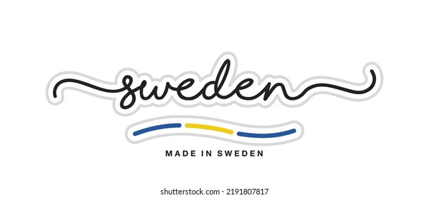 Hergestellt in Schweden, neue handgeschriebene typografische Logo-Aufkleber, abstrakter Liberia Flagge Bandbanner