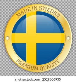 Made in Sweden premium quality gold badge. Vector illustration on checkered background