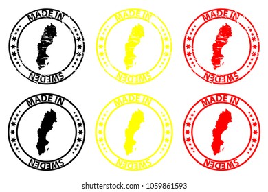 Made in Sweden - rubber stamp - vector, Sweden map pattern - black, yellow and red