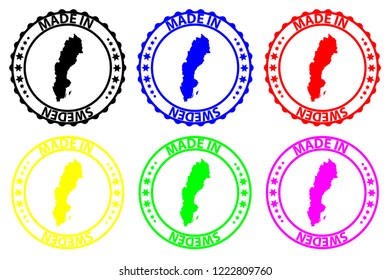 Made in Sweden - rubber stamp - vector, Sweden map pattern - black, blue, green, yellow, purple and red